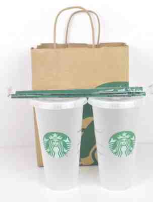 2 Starbucks Reusable Venti 24 oz Frosted Ice Cold Drink Cups 2018 Lids Straws  - Sold on eBay Nov, 22nd 2018 for $19.85