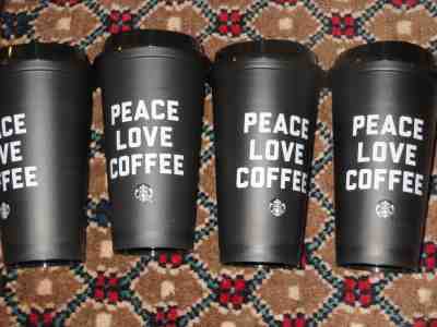 4 Starbucks Peace Love Coffee Reusable Cups Limited Edition 16 oz Free Ship - Sold on eBay Nov, 18th 2018 for $27.95