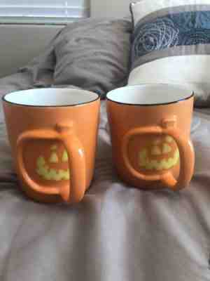 2 STARBUCKS 2003 Barista Halloween Pumpkin Jack O Lantern Mug Mugs Orange 16 oz - Sold on eBay Oct, 6th 2018 for $12.50