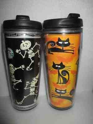 2 Starbucks Halloween Travel Mugs 2003 Black Cats & Glow in the Dark Skeletons - Sold on eBay Oct, 6th 2018 for $16.99