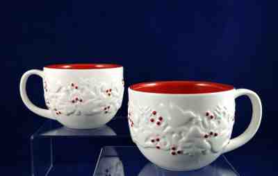 Starbucks Holiday Mugs 2008 Set of 2 White Red Embossed Christmas Doves Deer - Sold on eBay Nov, 24th 2018 for $24.29