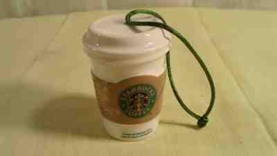 Starbucks Ceramic Holiday Ornament 2008 White Cup Green Logo Brown Band - Sold on eBay Nov, 8th 2018 for $8.00