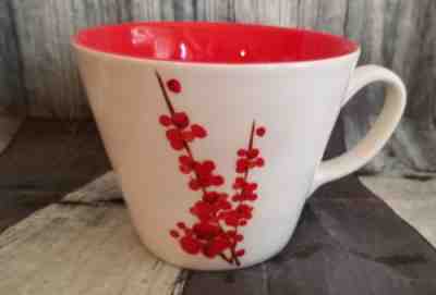 2008 Starbucks Coffee Mug Cup Red Cherry Blossom Flowers Floral White 12oz