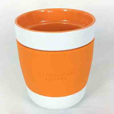 STARBUCKS 2009 12oz Orange White Ceramic Mug Tumbler Rubber Grip Coffee Cup - Sold on eBay Nov, 24th 2018 for $8.00