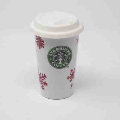 STARBUCKS Christmas Red Snowflake Holiday Ceramic Tumbler Travel Coffee Mug 2010 - Sold on eBay Nov, 24th 2018 for $15.26