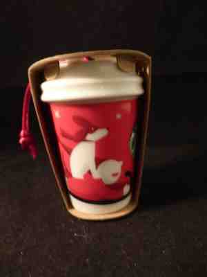 Starbucks Ornament Holiday Christmas 2011 Boy Dog Sled Red Ceramic To Go Cup  - Sold on eBay Nov, 9th 2018 for $10.00