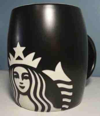 Starbucks 2011 Black Etched Mermaid Siren Logo Barrel Shape Coffee Mug - Sold on eBay Nov, 7th 2018 for $17.00