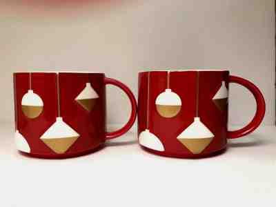 2012 Starbucks Coffee Mug Cup Christmas Holiday Ornaments Gold/Red - 2 Mugs - Sold on eBay Nov, 24th 2018 for $22.00