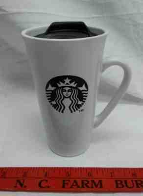 Starbucks Coffee White Ceramic Travel Mug Cup 2013 Black Logo With Lid 16 oz.  - Sold on eBay Nov, 23rd 2018 for $15.19