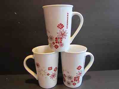 STARBUCKS~Set of 3 Christmas Mugs Flowers Snowflakes 2013 Holds 12 oz~5" Tall - Sold on eBay Nov, 23rd 2018 for $14.99