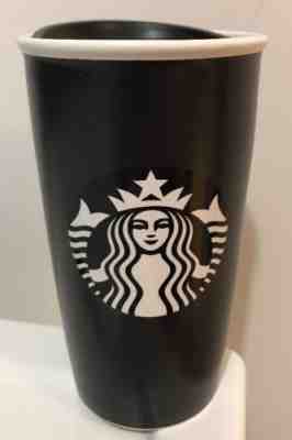 Starbucks Ceramic Travel Mug 12 oz Black White Logo 2016 Tall - Sold on eBay Nov, 24th 2018 for $7.99