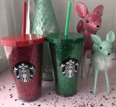 2018 Starbucks 2 Holiday Cold Tumblers Cup  With Tag Red Green Glitter NEW 16 Oz - Sold on eBay Nov, 23rd 2018 for $39.16