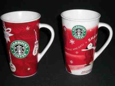 Starbucks 2009 & 2010 CHRISTMAS Tall MUGS Red & White 16oz New Bone China  - Sold on eBay Nov, 25th 2018 for $9.98