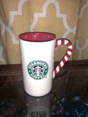 Starbucks Coffee Christmas Mug Cup 2009 Candy Cane Handle 12 Oz. Snowflakes - Sold on eBay Nov, 24th 2018 for $8.99