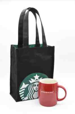Starbucks Red Coffee Mug 14oz 2011 Barrel Shaped Starbucks Engraved Text w/ Bag - Sold on eBay Nov, 25th 2018 for $24.99