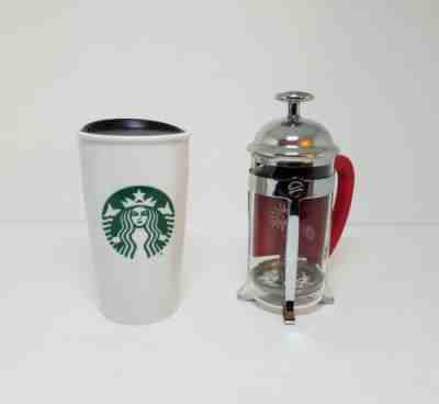 Starbucks Tall Ceramic Coffee Tea Travel Tumbler Mug 2011 & Glass Coffee Press - Sold on eBay Nov, 24th 2018 for $26.99