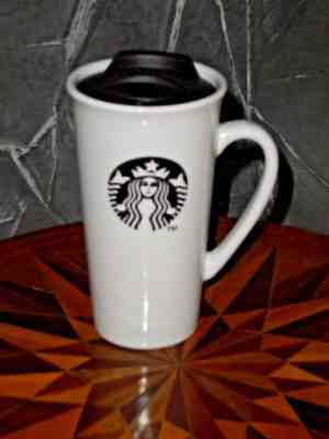 Starbucks 2013 White Black 16 OZ Ceramic Travel Mug Tumbler Mermaid Logo w/ Lid - Sold on eBay Nov, 25th 2018 for $16.99