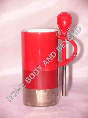 STARBUCKS 2014 Red & Silver Stripe 8 OZ Mug Cup With Spoon - Sold on eBay Nov, 25th 2018 for $8.99