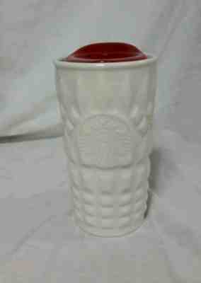 *NEW* 2014 STARBUCKS WHITE QUILTED KNIT CERAMIC TRAVEL MUG W/ RED LID - Sold on eBay Nov, 25th 2018 for $16.99