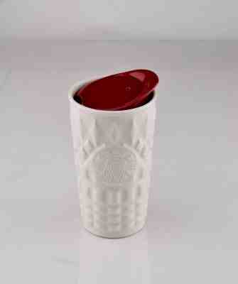 2014 Starbucks 10 Oz White Ceramic Textured Travel Coffee Mug Red Lid Logo - Sold on eBay Nov, 25th 2018 for $14.99