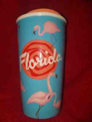 Fun STARBUCKS Florida PINK FLAMINGOES Ceramic Travel Mug w/lid 2015 12oz - Sold on eBay Nov, 25th 2018 for $9.88