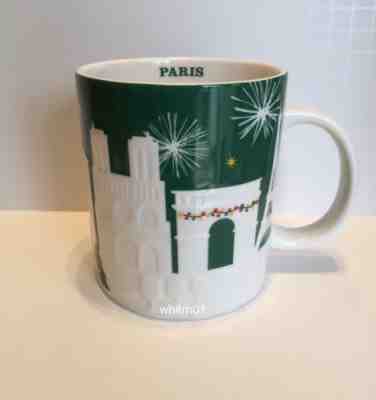 Starbucks Paris Mug Relief Green Christmas Notre Dame Louvre Eiffel Tower 2015 - Sold on eBay Nov, 25th 2018 for $74.99