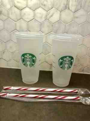 Starbucks Cold Cups X2 Resuable Frosted Venti Candy Cane Straws Holiday 2018 - Sold on eBay Nov, 24th 2018 for $24.00