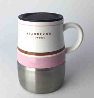 STARBUCKS COFFEE Pink White Ceramic Travel Mug Stainless Bottom 14 oz. Size 2006 - Sold on eBay Nov, 28th 2018 for $14.95