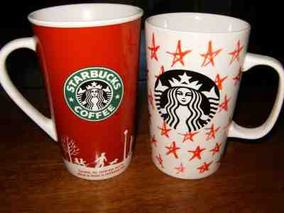 2 Starbucks Mug Coffee Tea Holiday 2006 Tall Red 16 oz Winter Christmas & Stars  - Sold on eBay Nov, 26th 2018 for $9.99