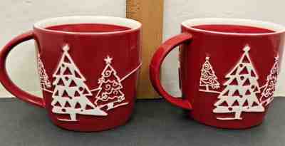 Starbucks Christmas Holiday Mug Set of 2 Mugs 3D Red Trees Penguin Snowman 2007 - Sold on eBay Nov, 27th 2018 for $10.79