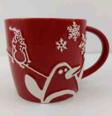 Starbucks Holiday 2007 Red & Blue 8 oz Mug w/ Embossed Penguin Snowman Snowflake - Sold on eBay Nov, 27th 2018 for $7.50
