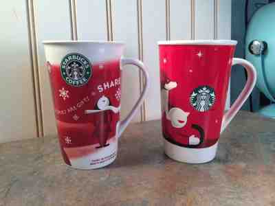 Starbucks Christmas Mugs Set of 2, 2010 Carolers & 2011 Boy & Dog on sled 16 oz - Sold on eBay Nov, 27th 2018 for $25.00