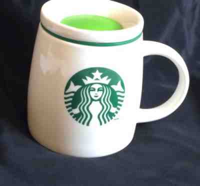 Starbucks 2011 Chubby Rounded White Green with Lid Wide Bottom Mug Cup  EUC - Sold on eBay Nov, 26th 2018 for $24.99