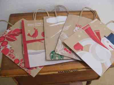 5 Starbucks Annual Xmas Holiday Paper Bags Sacks w Handles 2011 '12 '13 '14 '15 - Sold on eBay Nov, 26th 2018 for $3.19