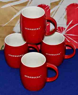 Starbucks 2011 Set Of 4 Red Barrel Shape 14 ounce Mugs w/Etched White Logo - Sold on eBay Nov, 26th 2018 for $49.99
