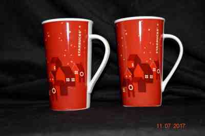STARBUCKS COFFEE  2013 HOLIDAY VILLAGE SCENE SET OF 2  COFFEE MUGS 6" TALL - Sold on eBay Nov, 28th 2018 for $8.50