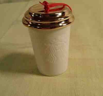 Starbucks Ceramic Christmas Tree Ornament 2013 White Embossed Logo Gold Top - Sold on eBay Nov, 26th 2018 for $8.00