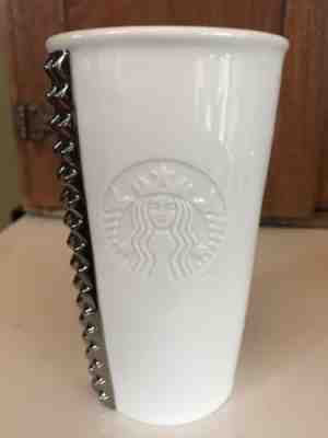 Starbucks White Double Wall 10 oz.Silver Studded Travel Mug-2014 NO LID - Sold on eBay Nov, 27th 2018 for $14.00