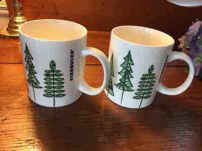 STARBUCKS 2015 Pine Tree Holiday Christmas Coffee Mug Set of {2}  - Sold on eBay Nov, 28th 2018 for $19.99