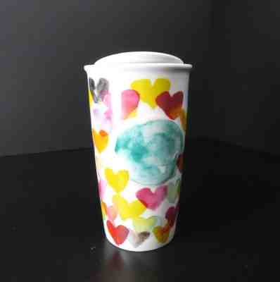 STARBUCKS Watercolor Hearts Travel Tumbler 2015 Ceramic 10 oz With Lid - Sold on eBay Nov, 27th 2018 for $25.21