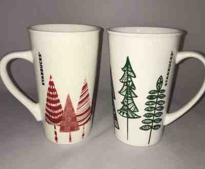 2 Starbucks Holiday Coffee Mugs Cups 2015 & 2017 Red & Green Trees Tall 16 oz.  - Sold on eBay Nov, 26th 2018 for $11.95