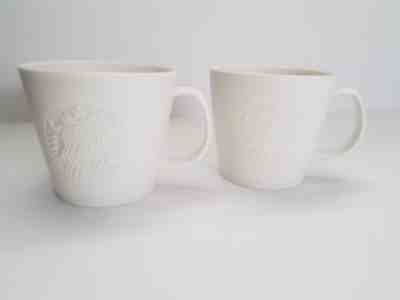 Set 2 Starbucks 2015 Solid White Etched Embossed Siren Mermaid Logo Mug 12 oz - Sold on eBay Nov, 26th 2018 for $35.99