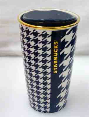 2015 Starbucks Navy Houndstooth Gold Trim Ceramic Tumbler & Lid 12 oz - Sold on eBay Nov, 26th 2018 for $9.99