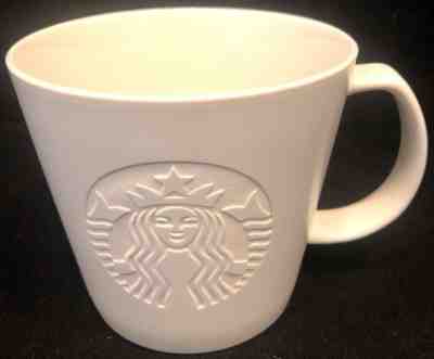 STARBUCKS Coffee Mug 2015 Solid White Etched Embossed Siren Mermaid Logo 12 oz - Sold on eBay Nov, 26th 2018 for $9.75