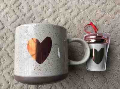 NEW Starbucks 2017 Gold Heart Holiday Christmas Tree Ornament and Coffee Mug Set - Sold on eBay Nov, 27th 2018 for $29.95