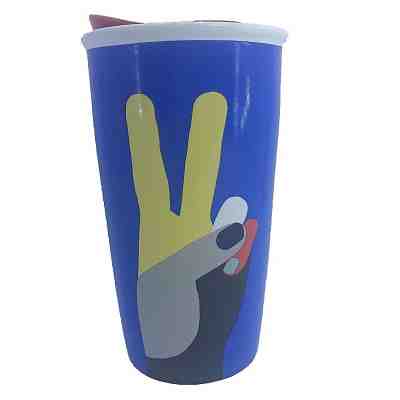 Starbucks 2017 Ceramic Hand Peace Sign Insulated Travel Mug Cup 12 oz Blue - Sold on eBay Nov, 26th 2018 for $22.88