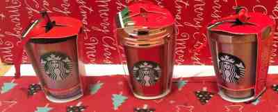  Lot of 3 Starbucks 2018 Christmas Ornaments -Glitter, Stripe & Stainless Cups - Sold on eBay Nov, 27th 2018 for $23.79