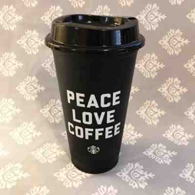 Starbucks NEW Love Peace Coffee Cup Limited Edition Black Reusable Cup - Sold on eBay Nov, 28th 2018 for $6.00