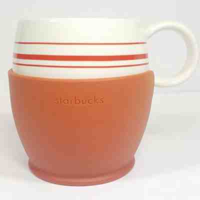 Starbucks 2004 15oz Coffee White Ceramic Mug Orange Striped Rubber Heat Sleeve - Sold on eBay Nov, 29th 2018 for $9.00
