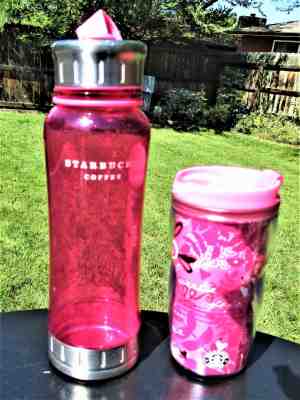 STARBUCKS Pink 8 oz 2004 Valentines Coffee Tumbler Cup Mug &18 oz Water bottle  - Sold on eBay Nov, 28th 2018 for $4.95
